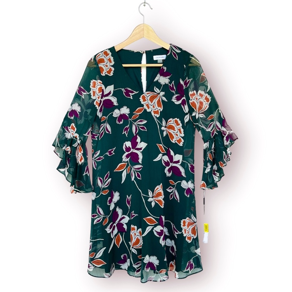 Calvin Klein Floral Shift Dress Chiffon 3/4 Butterfly Sleeve V-Neck Pull-On